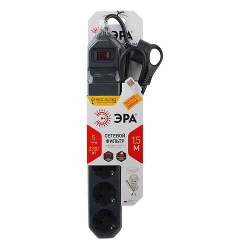 Сетевой фильтр ERA USF-5ES-1,5M-USB-B, 5 розеток, 1,5 м, Black в Фианит-Ломбард
